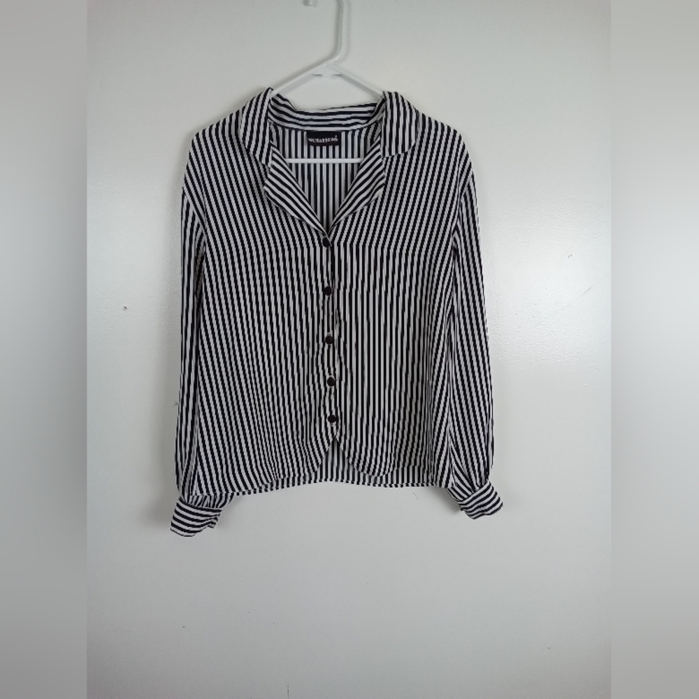 Vintage Notations Button Down Black and White Striped Blouse